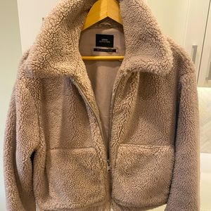 Urban Outfitters Teddy Sherpa collared jacket in super light brown/fawn
